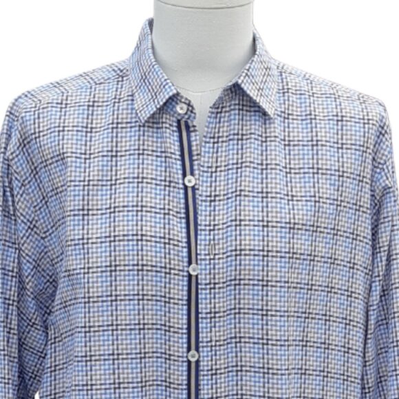 Bugatchi SZ 15.5 Classic Fit Cotton Men's Button Up Shirt- Blue, Tan and White - Picture 4 of 13